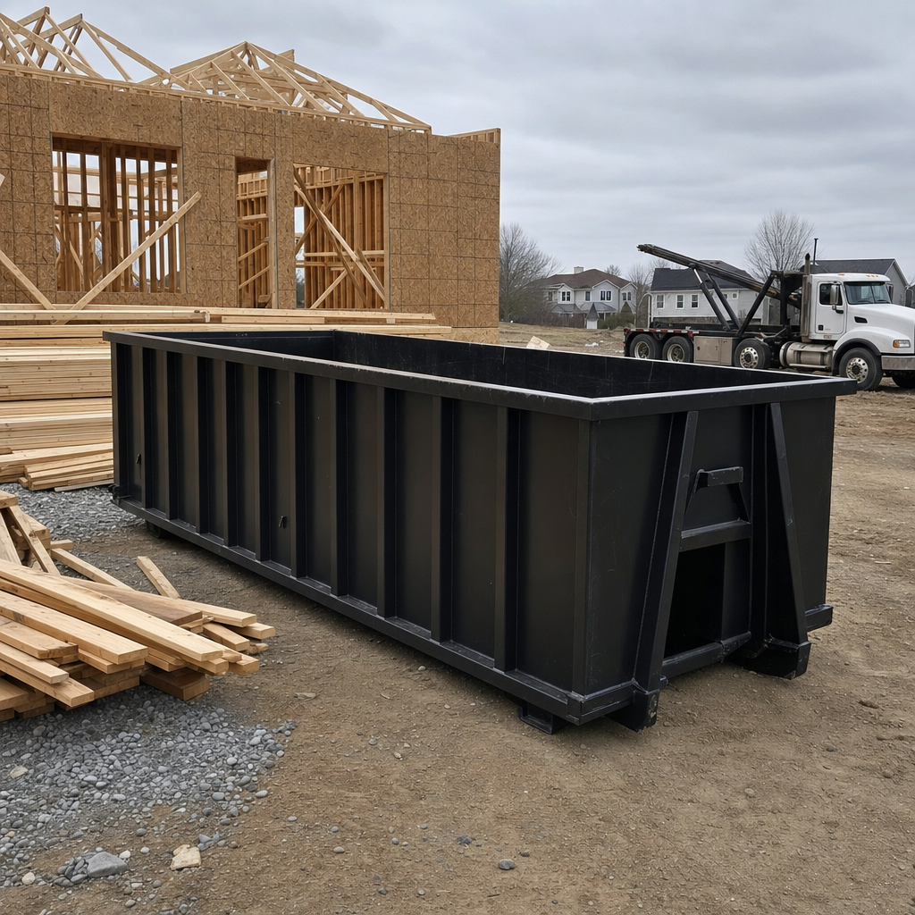 Matte-black 40-yard roll-off dumpster staged on a framed-out residential construction site in Louisville, framing lumber stacked nearby, hooklift delivery truck visible in the background under bright Colorado daylight
