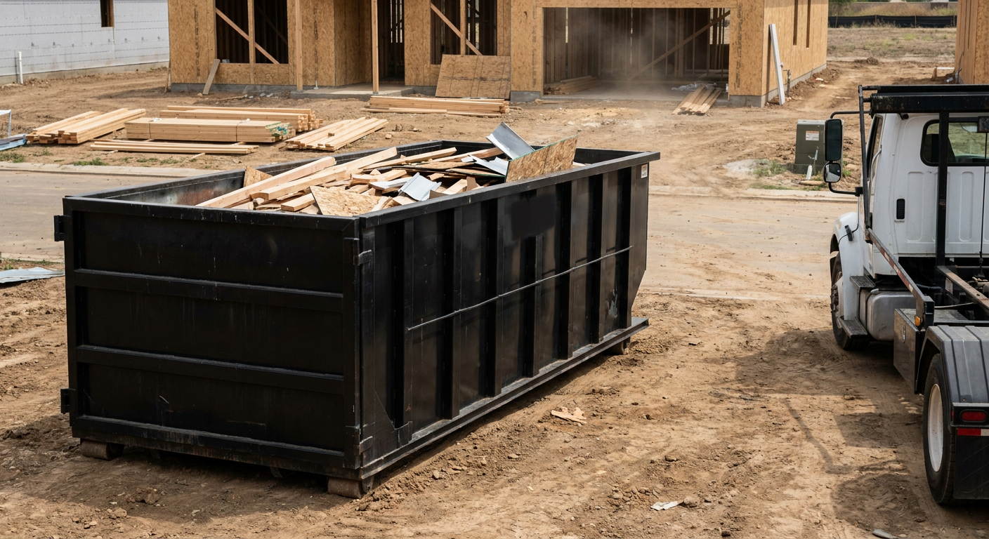 Matte-black 20-yard roll-off construction dumpster with heavy ribbed steel sidewalls and swing rear doors at a working jobsite in Louisville, sitting directly on compacted dirt with an unmarked white hauler partially visible at the far edge of the frame.