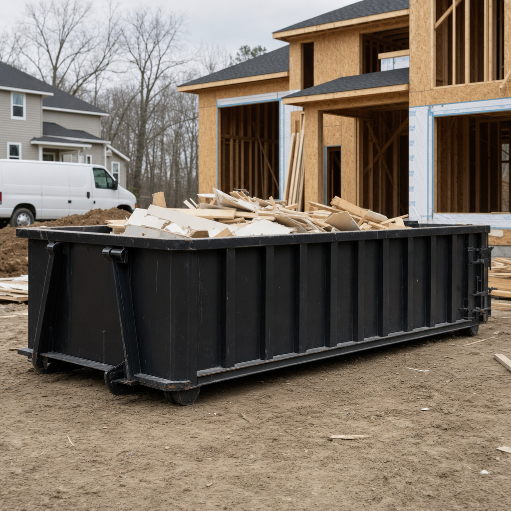 Worker in a yellow high-visibility vest tossing framing lumber and broken drywall into a matte-black 30-yard construction roll-off dumpster on an active build site in Louisville, bright daylight