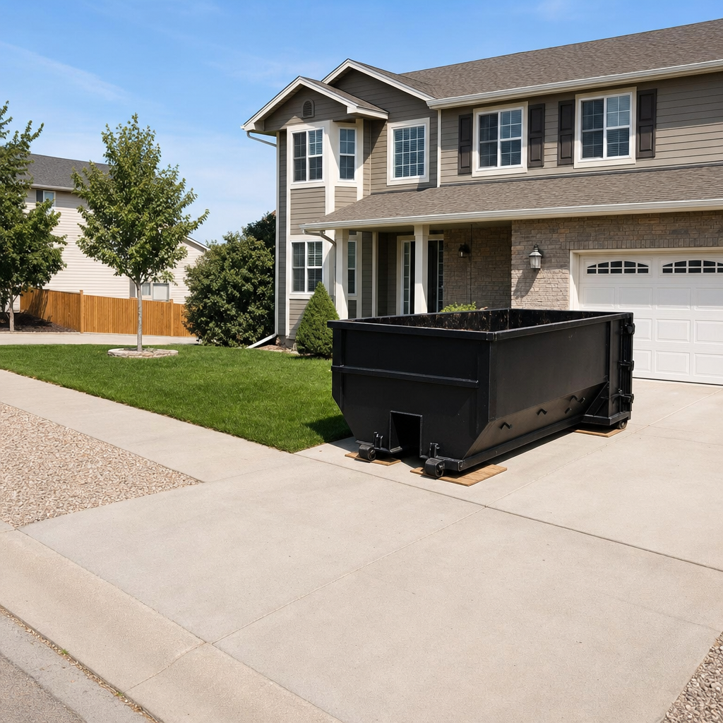 10-yard matte-black residential dumpster placed directly on a narrow Louisville concrete driveway, room remains for a parked sedan beside it, mid-morning natural light
