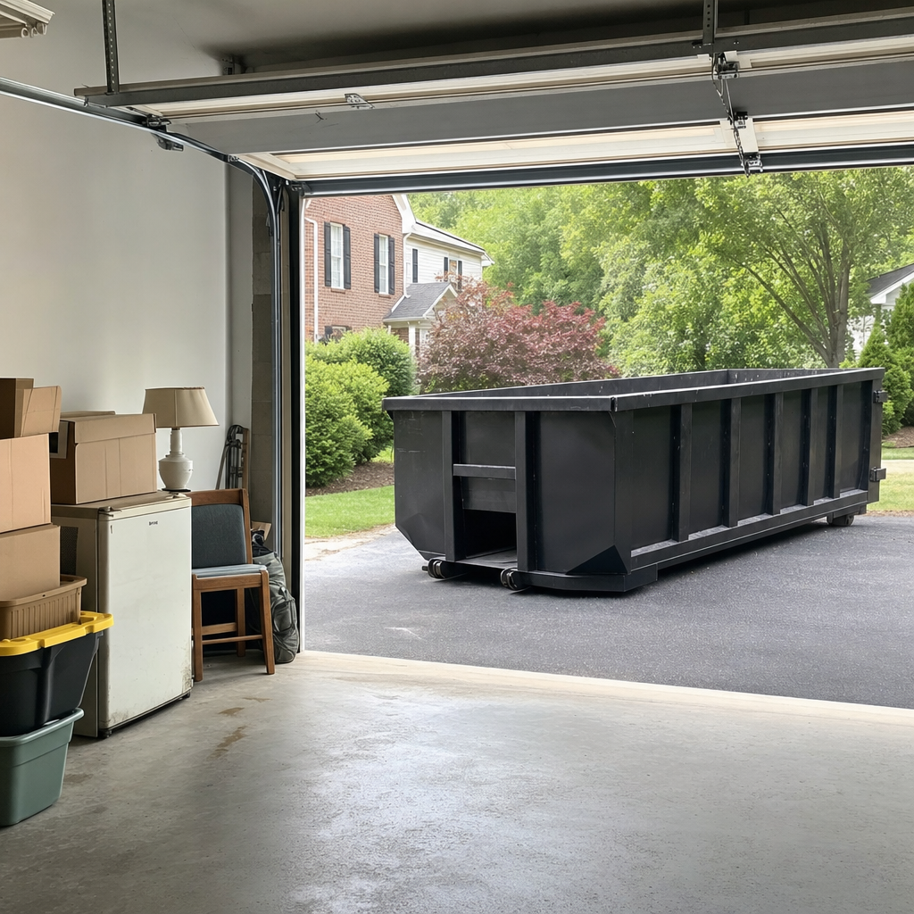 Open garage interior in a Louisville home mid-cleanout — boxed items, an old appliance, and stacked yard tools queued near the driveway for a matte-black roll-off dumpster, organized and calm