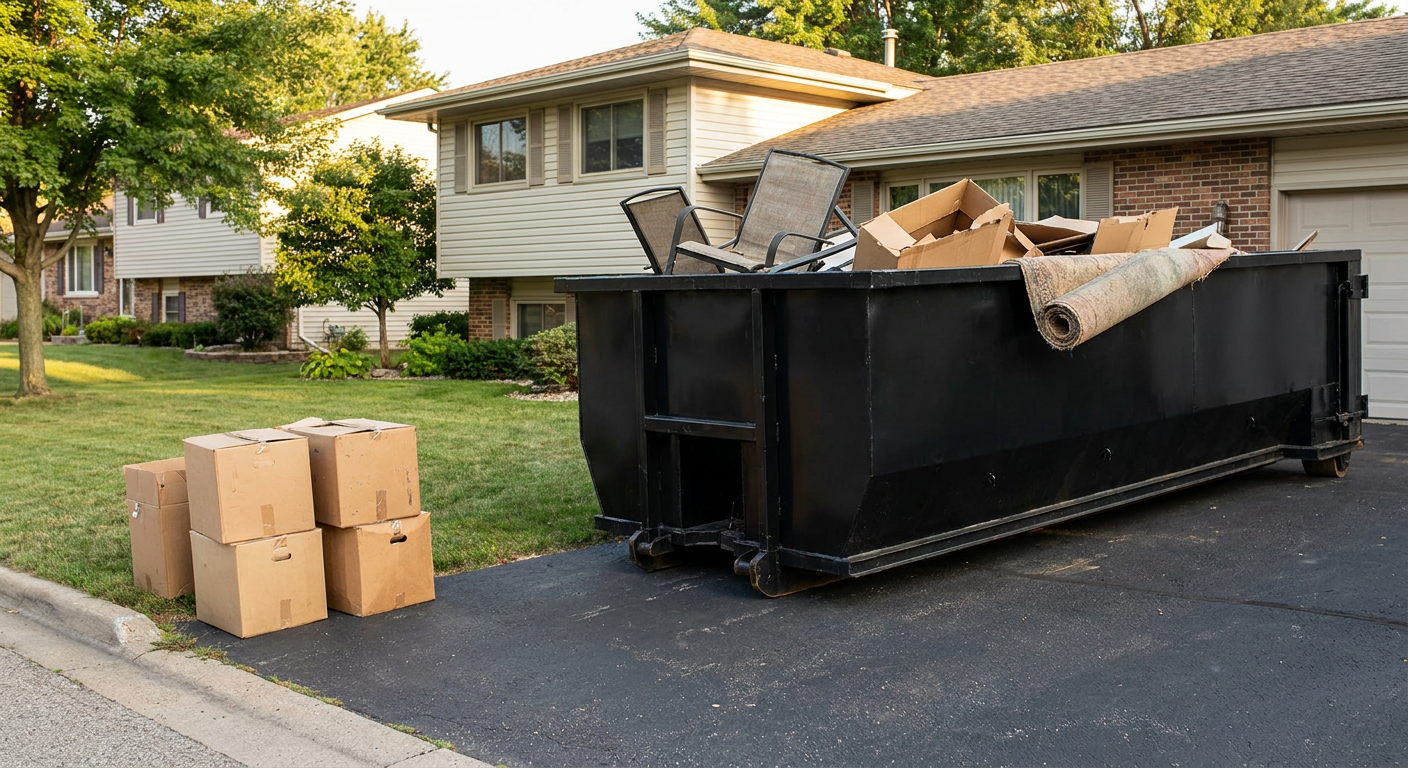 Front-yard view of a Louisville split-level home with a 20-yard matte-black roll-off dumpster sitting directly on the asphalt driveway, a few clearly labeled donation boxes staged at the curb, calm sunny afternoon.