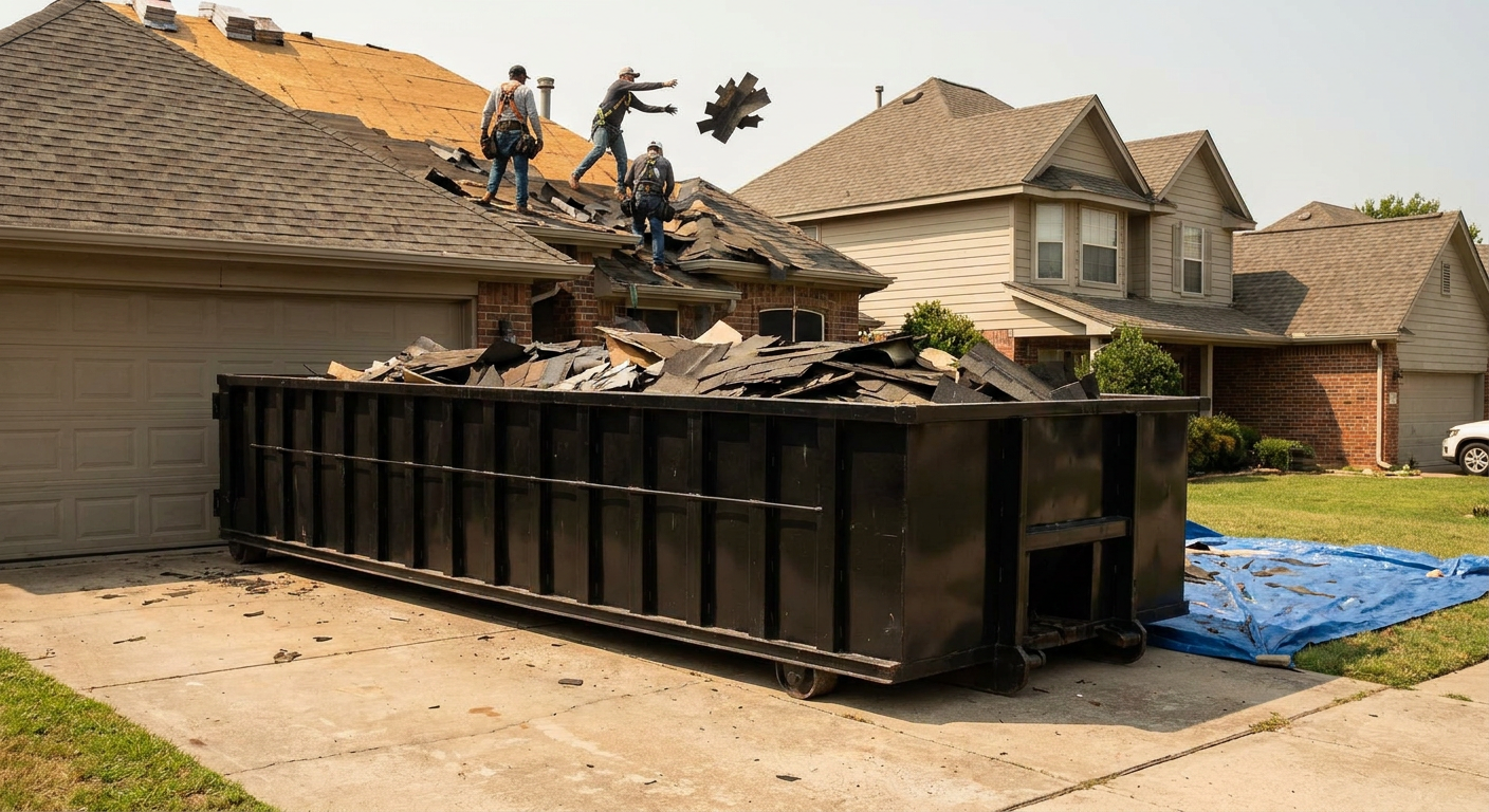 Matte-black roofing roll-off dumpster placed directly on a Louisville residential concrete driveway, a tear-off crew on a two-story asphalt-shingle roof tossing shingle bundles into the low-walled container, bright daylight, documentary 35mm perspective.