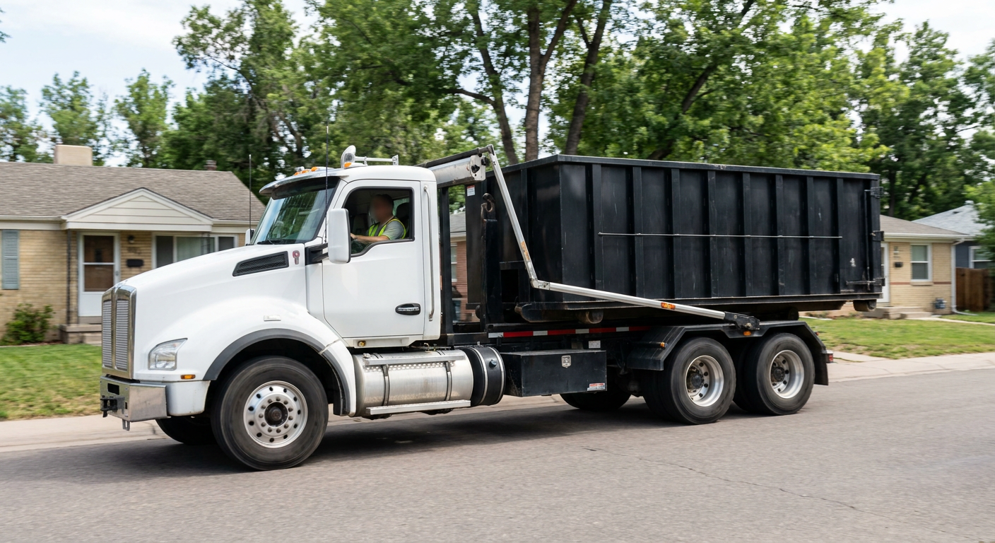 A wide documentary shot of a matte-black roll-off delivery truck pulling onto a quiet Louisville residential street at mid-morning, with neighborhood rooftops and tree-lined blocks visible behind, showing the metro coverage footprint.
