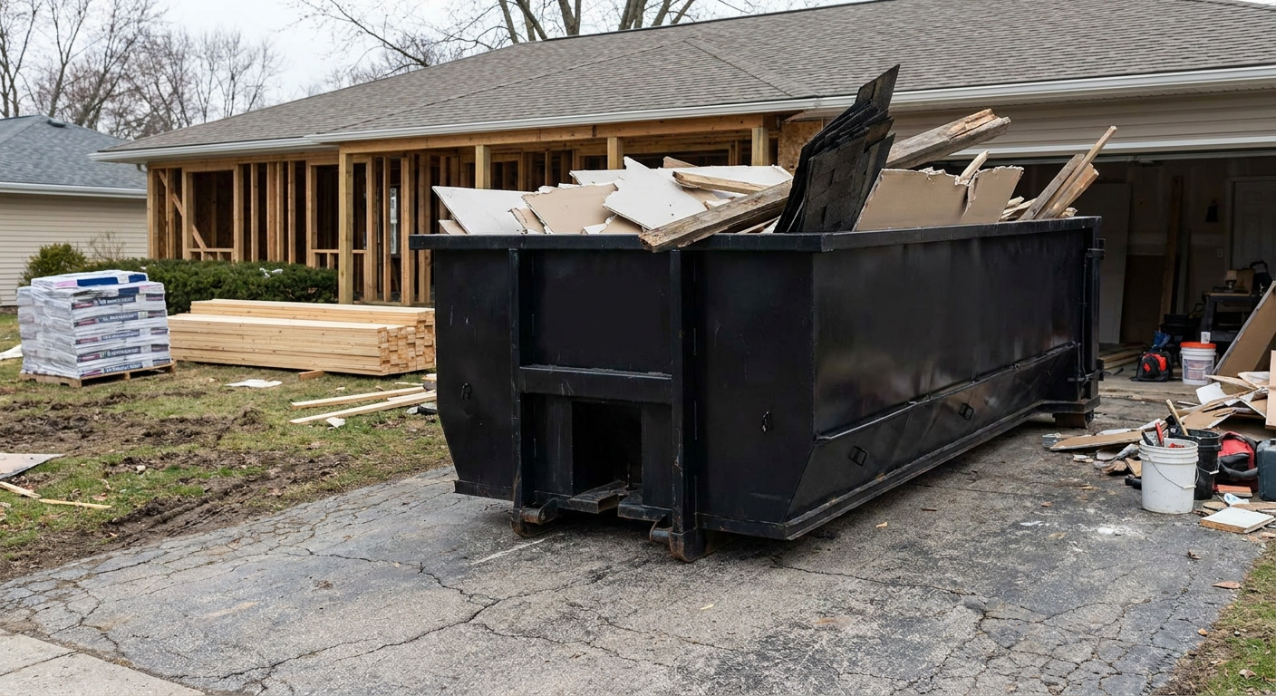 A matte-black 20-yard roll-off dumpster placed alongside a mid-renovation Louisville home directly on the asphalt driveway, with framing materials and torn-off shingles staged neatly nearby.