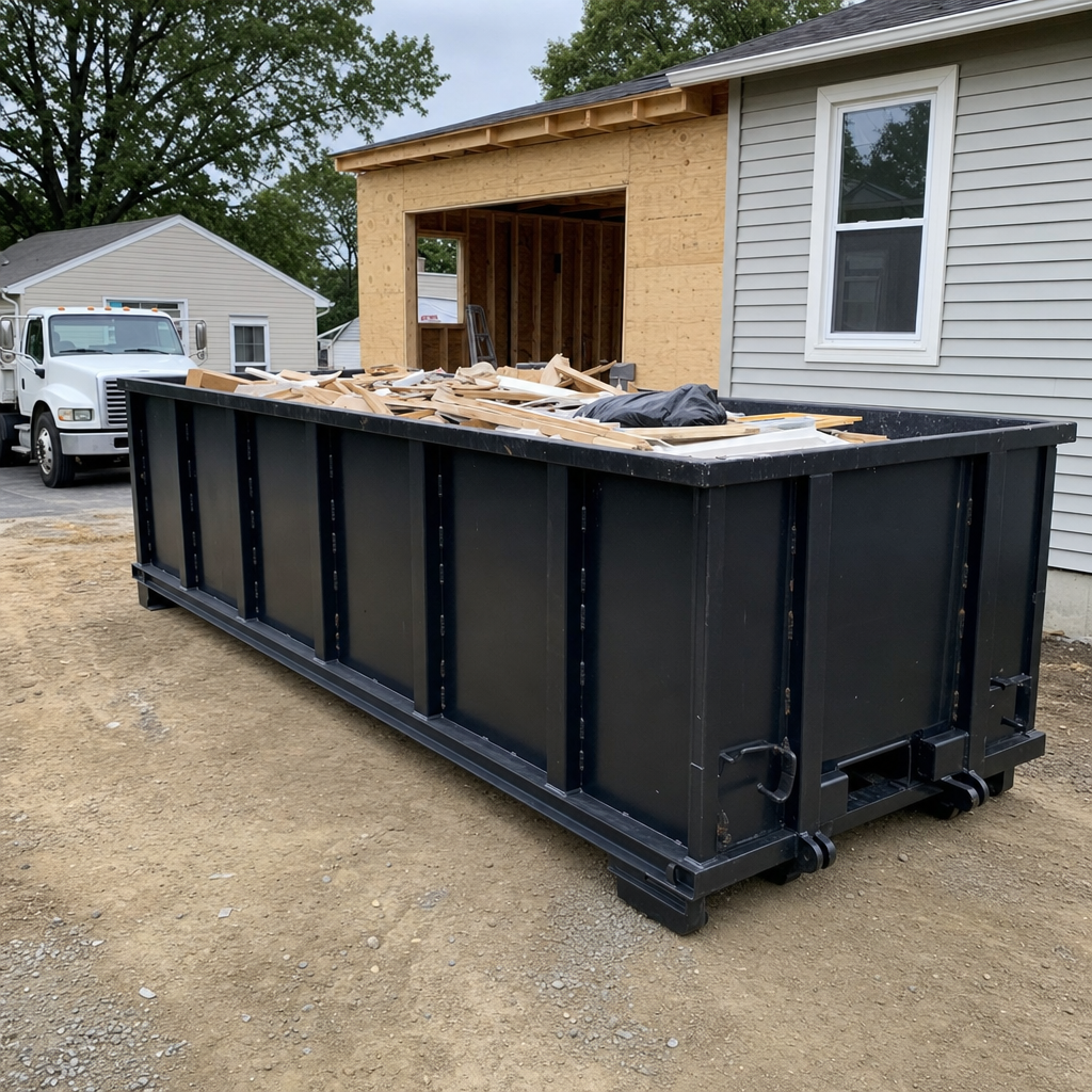 A matte-black 30-yard roll-off dumpster positioned at a Louisville residential addition jobsite, with framing lumber and drywall scraps loaded through the open swinging rear doors.