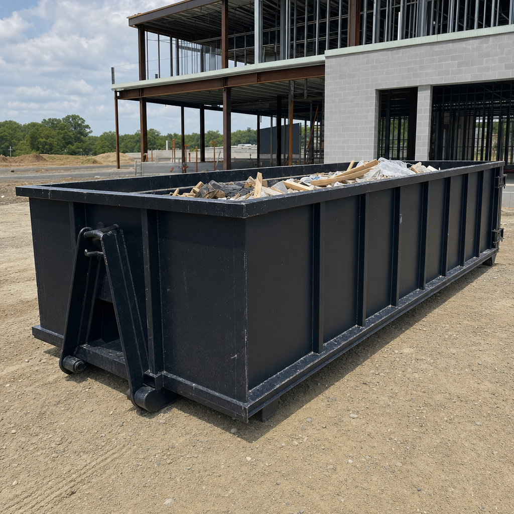 A matte-black 40-yard roll-off dumpster staged on a large Louisville commercial construction lot, with a hooklift delivery truck parked alongside under bright midday sky.