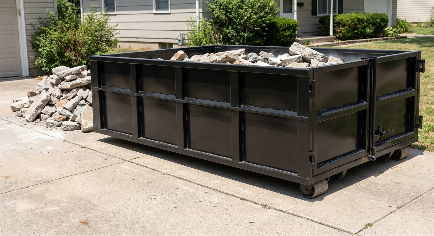 A matte-black low-side heavy-debris roll-off dumpster placed directly on a Louisville concrete driveway, with broken concrete chunks neatly stacked beside it under clean daylight.